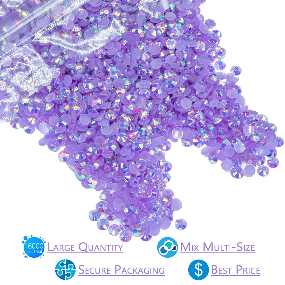16000PCS Light Purple AB Resin Rhinestones for Crafting 3mm 4mm 5mm Violet Flatback Jelly Stones Bulk SS10 SS16 SS20 Diamonds Crystals Gems for Nails Face Eyes Makeup Mugs Tumblers Bottles DIY Crafts