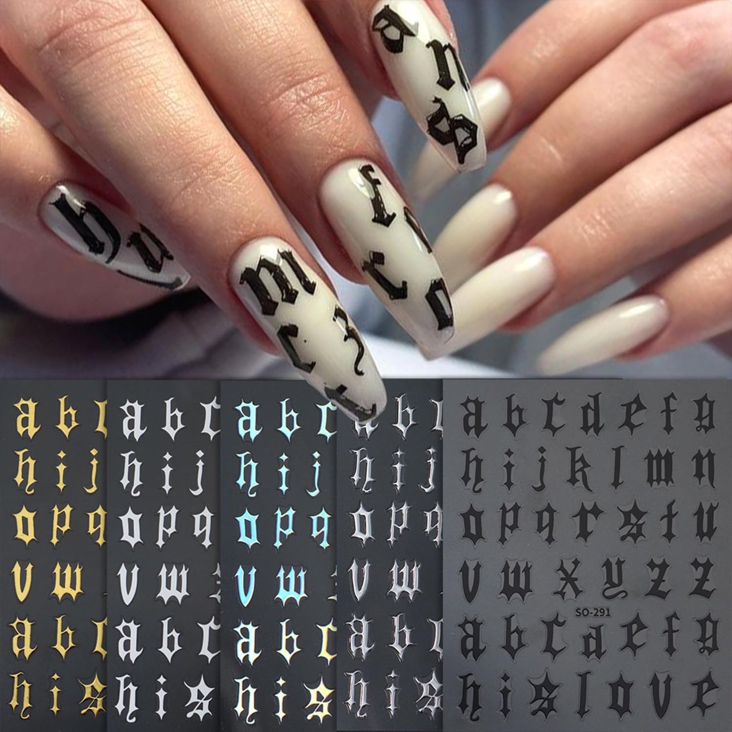 Multicolor Letter Nail Art Stickers Decals English Nails Stickers with Design Self-Adhesive Nail Art Decal for Women Manicure Decor