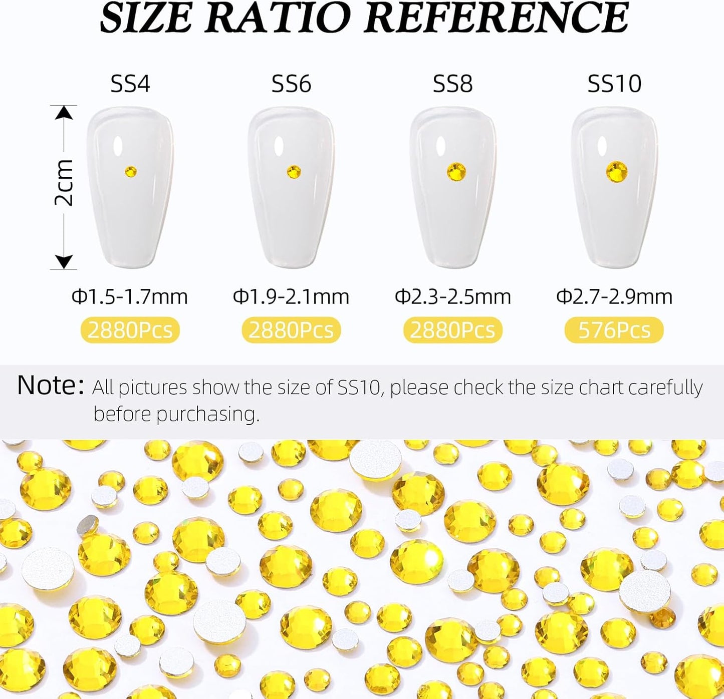Yellow Flatback Rhinestones, Glass Rhinestones for Nail Art and Craft, Glue Fix, Loose Crystal Gemstones(Yellow, SS4, 2880pcs, 1.5-1.7mm)
