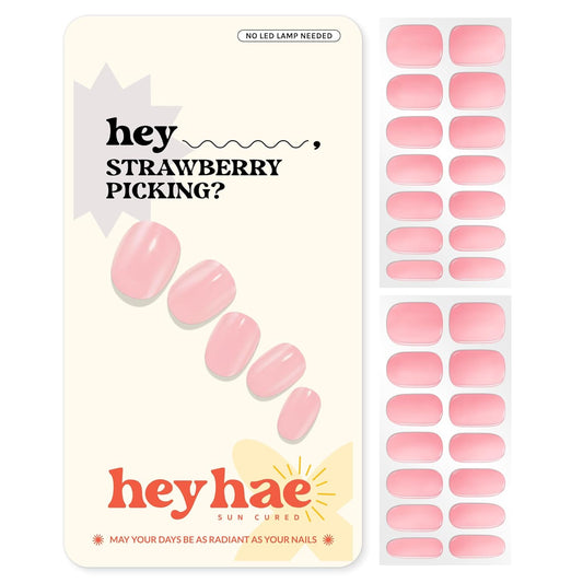 Semi Cured Gel Nail Strips | No LED Lamp Needed | Solid, Pink, Spring | Easy Apply & Remove, Salon Quality | Includes 28 Strips, 1 Prep Pads, Nail File & Wooden stick - Hey, Strawberry Picking?