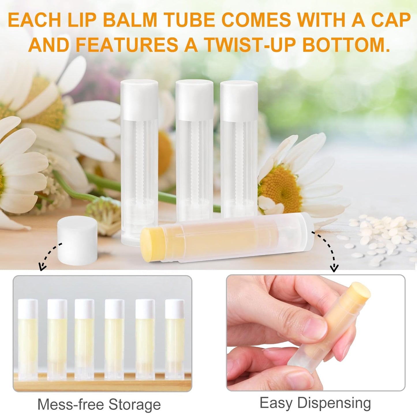 LotFancy Lip Balm tubes Empty, 60PCS 5.5ml (3/16 Oz), Clear Lip Balm Container Tubes with White Caps, BPA Free & Leak Free, Refillable