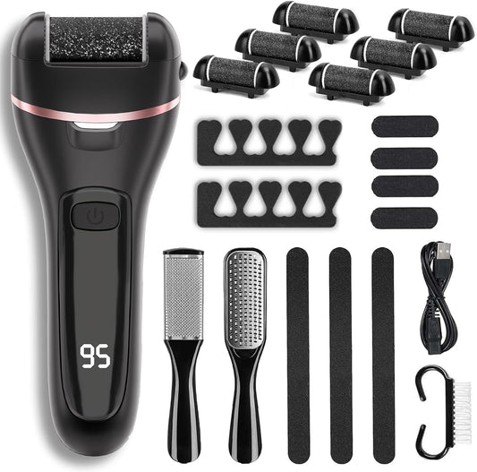 Rechargeable Electric Callus Remover for Feet with 6 Roller Heads, Dual-Speed Foot File, Waterproof Pedicure Kit 20 in 1 for Smooth Skin and Foot Spa