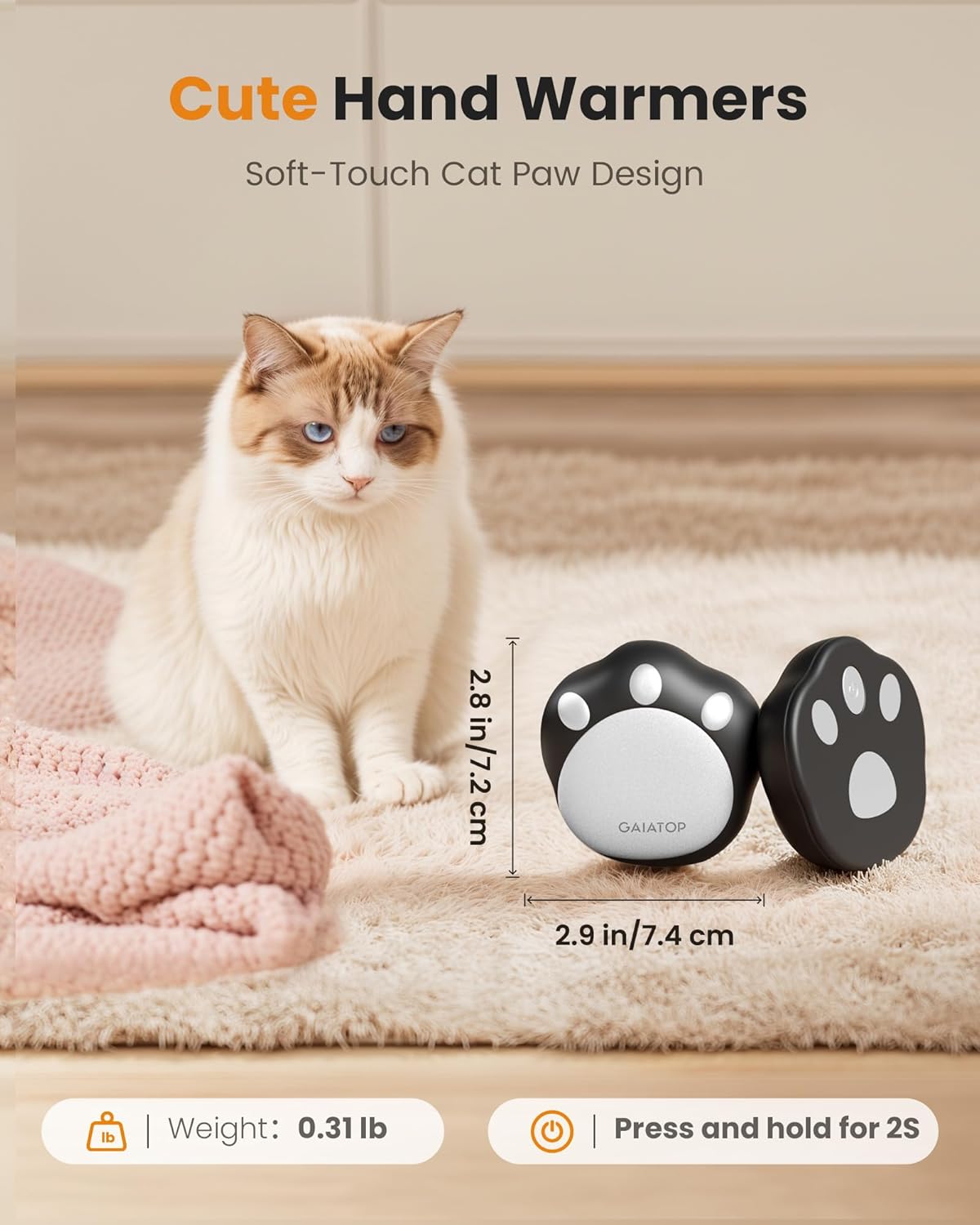 Gaiatop Hand Warmers Rechargeable, 2 Pack Cute Cat Paw Design 3 Levels Magnetic Electric Pocket Heater, Reusable Portable Hot Hands Gifts for Women Men Cat Lover