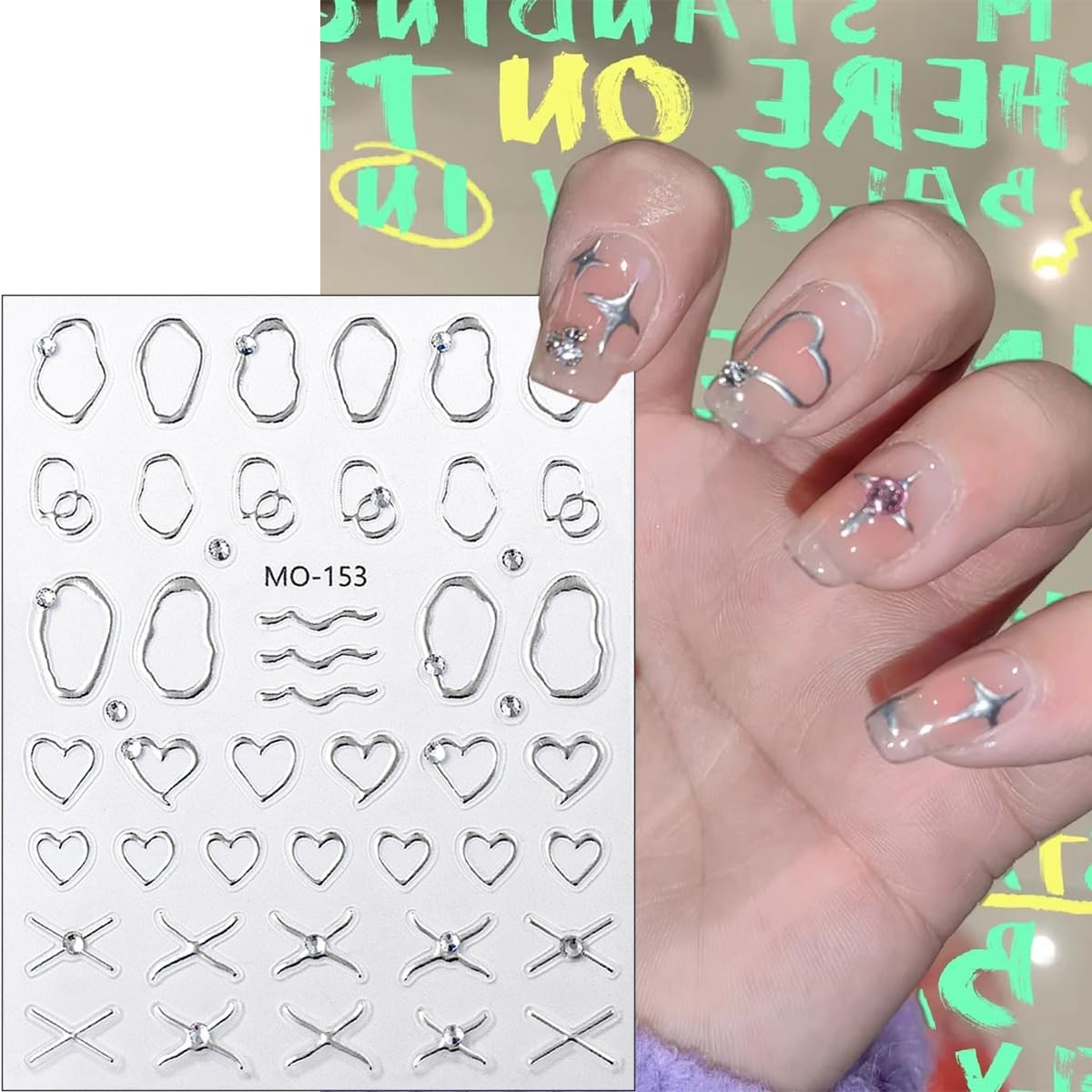 Simple French Nails Art Stickers Heart Lines Nail Decals 3D Self Adhesive Hollow Geometric Frame Nail Stickers with Diamond Design Stripe Nail Supplies Bronzing French Decoration for Women 5Pcs