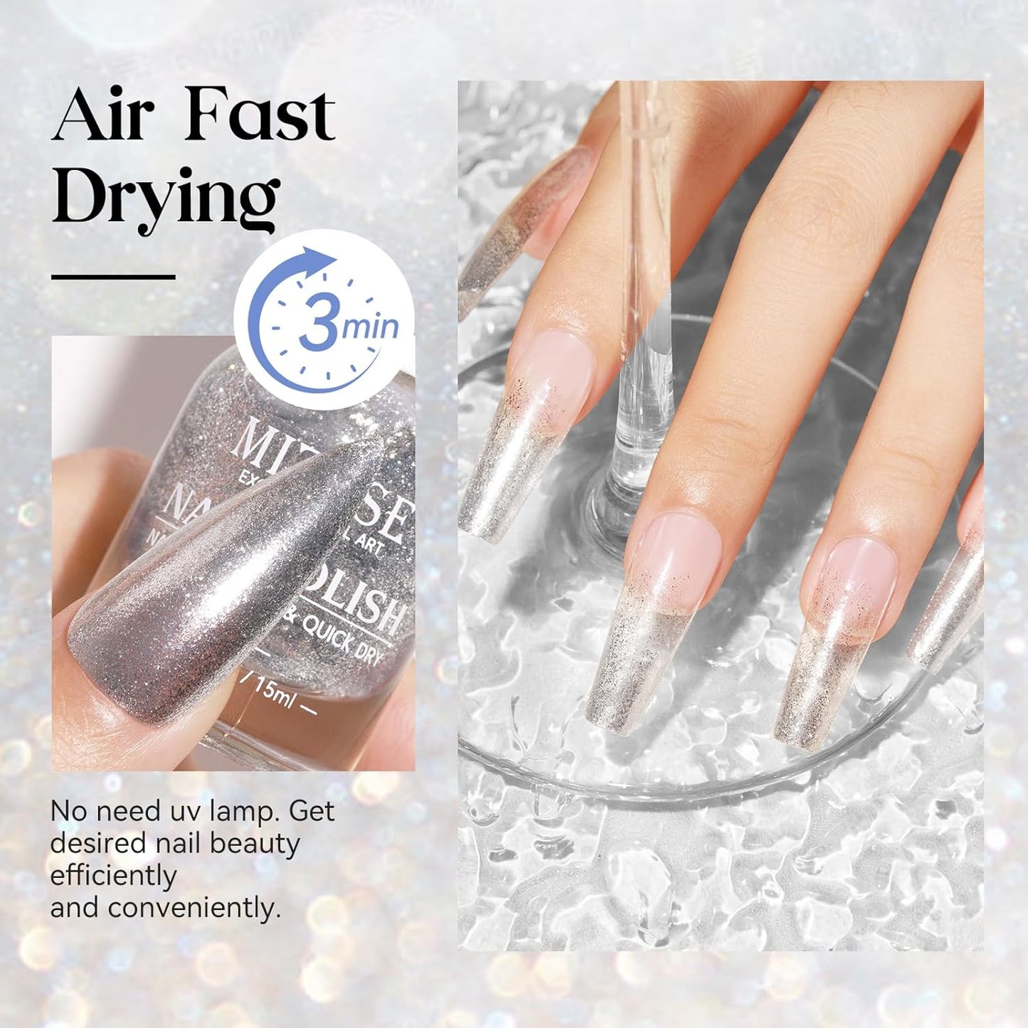 MIZHSE Quick Dry Glitter Nail Polish, Silver Nail Polish Air Dry Fast, 15ml 0.5 fl oz High Glossy Sparkle Shiny Shimmery Chrome Nail Pigment Nail Art Salon Manicure Home