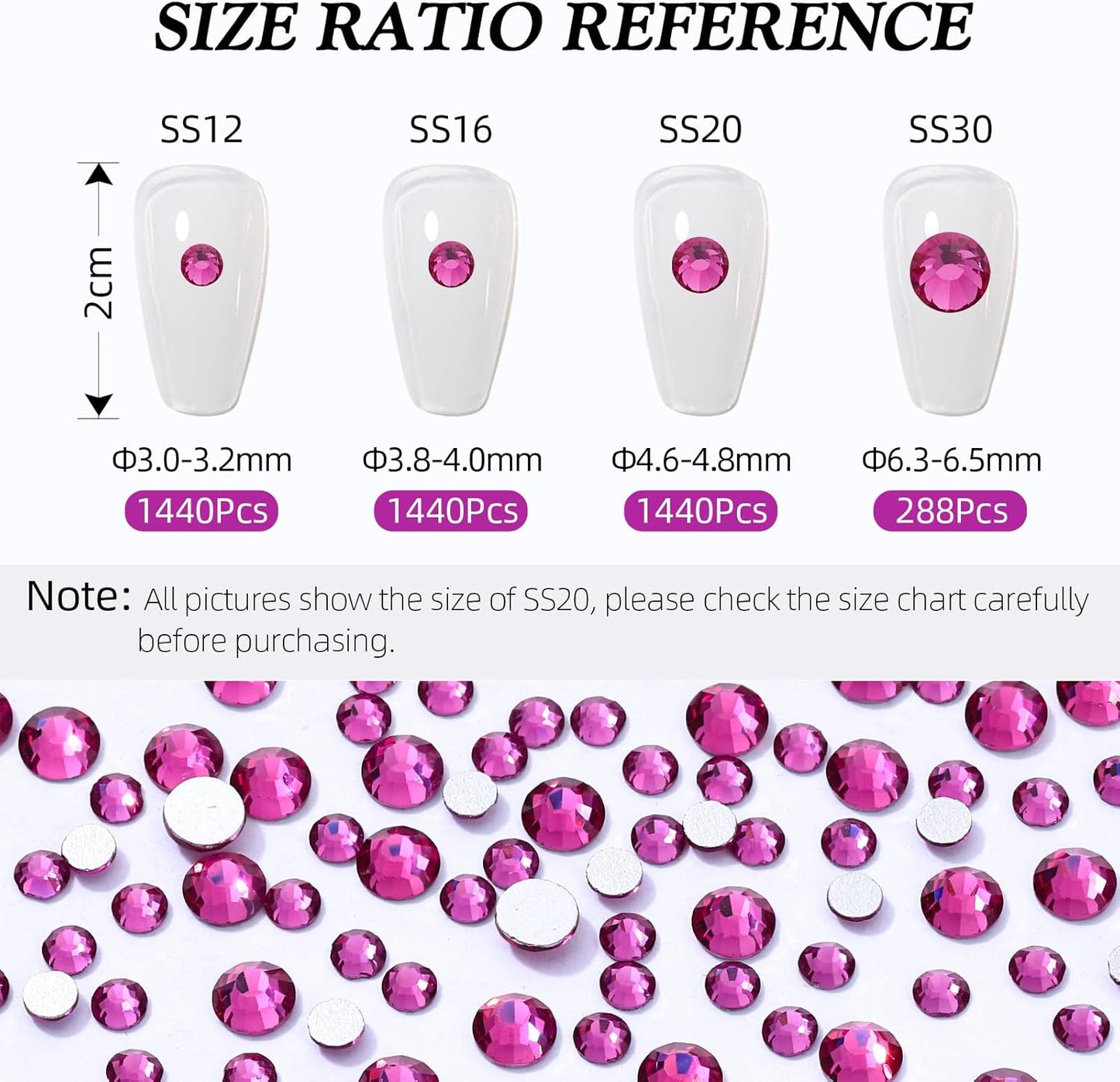 Fuchsia Flatback Rhinestones, Glass Rhinestones for Nail Art and Craft, Glue Fix, Loose Crystal Gemstones(Fuchsia, SS16, 1440pcs, 3.8-4.0mm)