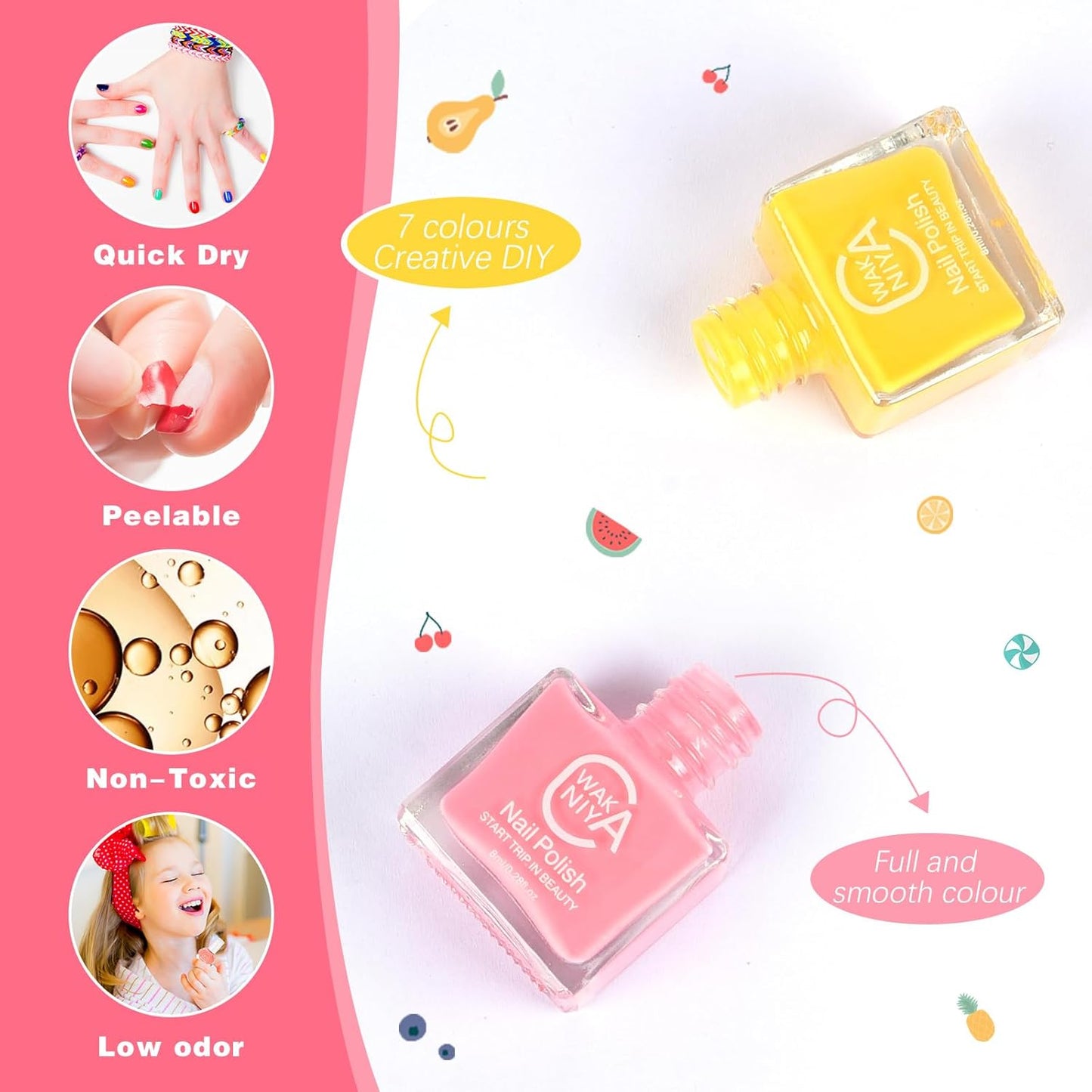 wakaniya Kids Non Toxic Nail Polish Set for Girls with Gems Nail Stickers, 7 Color Peel-Off Low Odor Nail Polish for Toddler