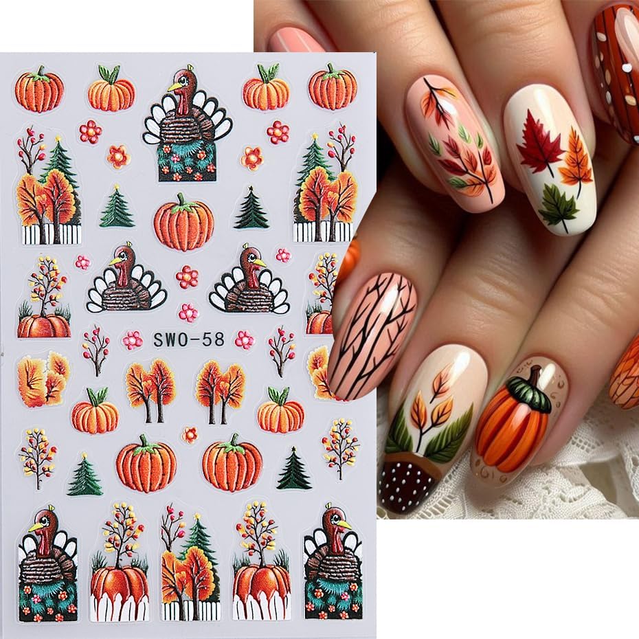 4Pcs Fall Nail Stickers 3D Pumpkin Maple Leaves Thanksgiving Nail Decals Orange Tree Nail Art Stickers 5d DIY Self Adhesive Nail Design Decoration