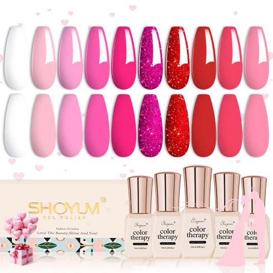 Pink Gel Nail Polish Set, Light/Hot Pink Cherry Blossom Strawberry All Seasons Soak Off Long Lasting Romantic 10 Colors Starter Kit DIY Home Gift for Girlfriend Woman Beginners