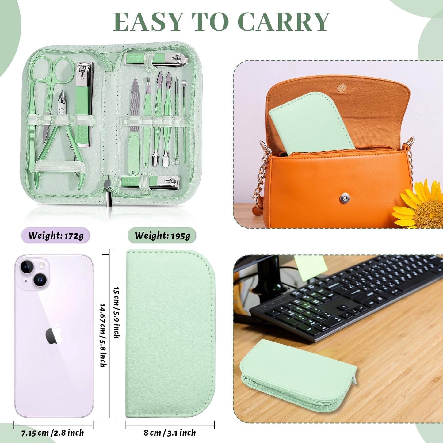 Manicure Pedicure Set, Nail Clipper Set for Men Women, Professional Manicure Kit Pedicure Kit, Nail Care Kit with Green Travel Leather Bag, Set 12 in 1