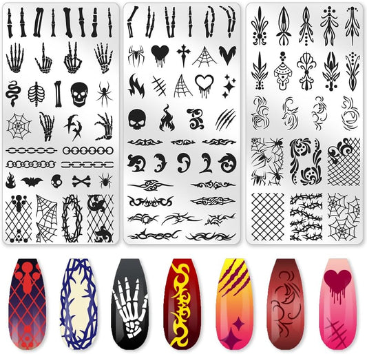 3Pcs Bone Skull Nail Stamping Plate Set Halloween Skeleton Gothic Nail Stamp Templates Cobweb Bat Thorns Metal Reusable Tools with Stamper Scraper for Manicure Printing