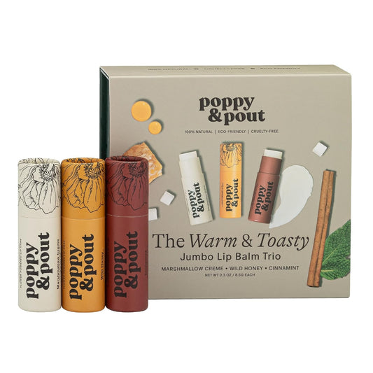 Jumbo Lip Balm Gift Set (3-Pack, Warm Flavors) | Poppy & Pout All Natural Lip Balms & Moisturizers | Hydrates with Beeswax, Vitamin E, Organic Coconut Oil | Cruelty-Free | Recyclable Cardboard Tube