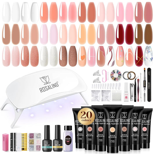 ROSALIND 20PCS Light Pink Nude Poly Nail Gel Kit with Mini Nail Lamp White Brown Poly Nails Extension Gel Set