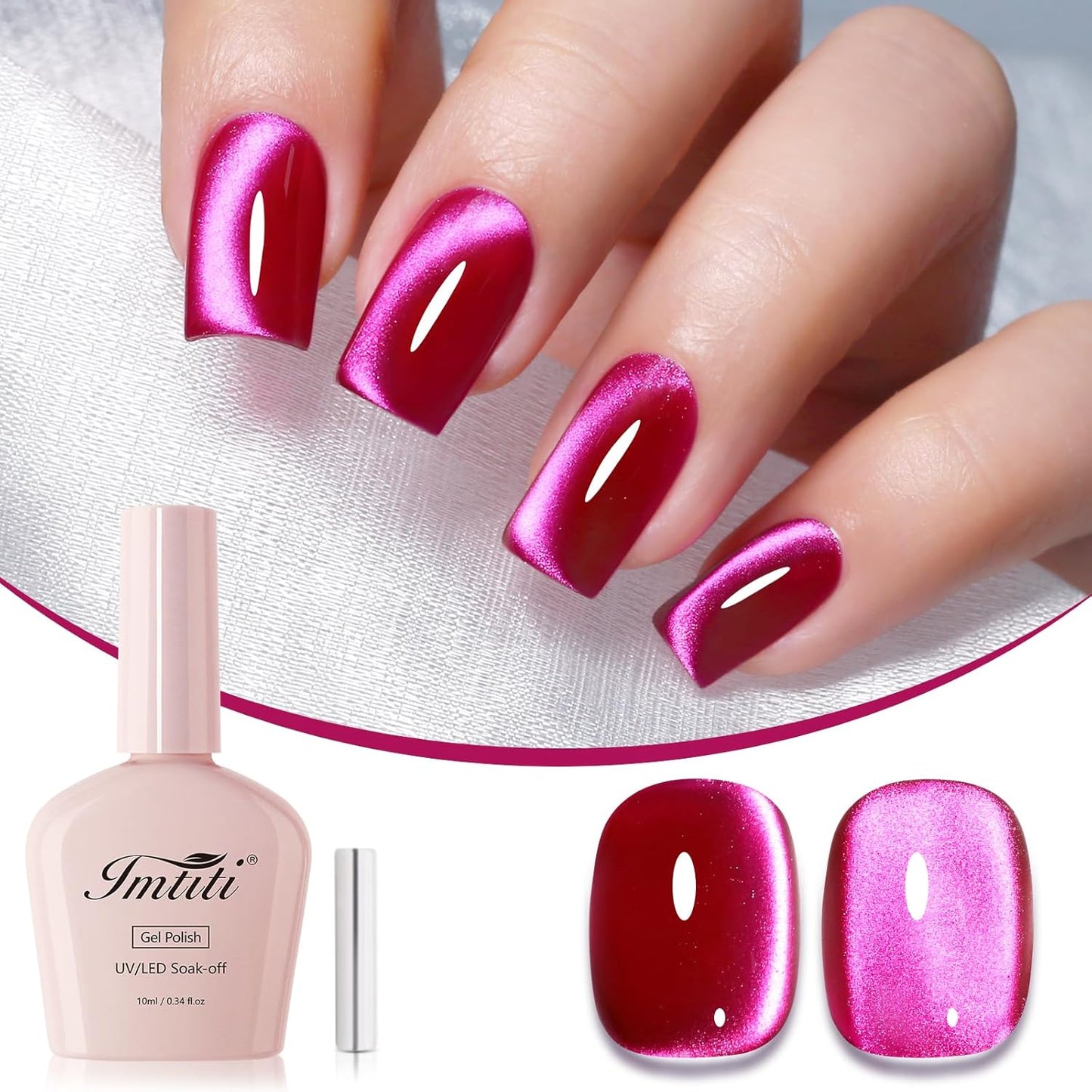 Imtiti Hot Pink Cat Eye Gel Nail Polish, Moonlight Rose Pink Holographic Cat Eyes Glitter Magnetic UV Soak Off Gel Polish with Magnetic Stick 1Pcs (0.34 Fl Oz-945)
