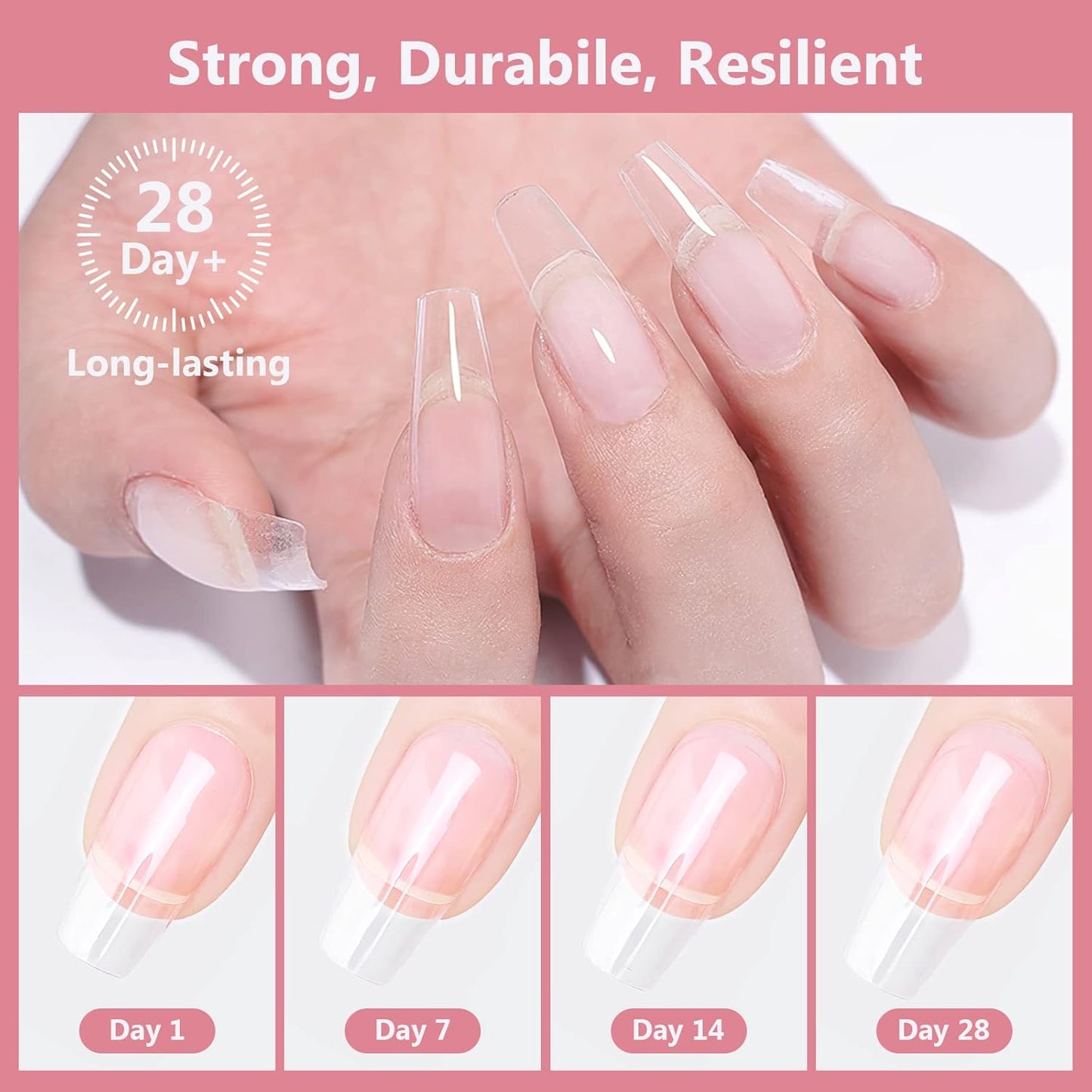 X&D Gel Nail Polish Kit - UV Polygel 2 Bottles Quick Dry 100g Natural Clear Color Nail Extension with Nail Forms, File, Acrylic Brush (Transparent & Nude Pink)