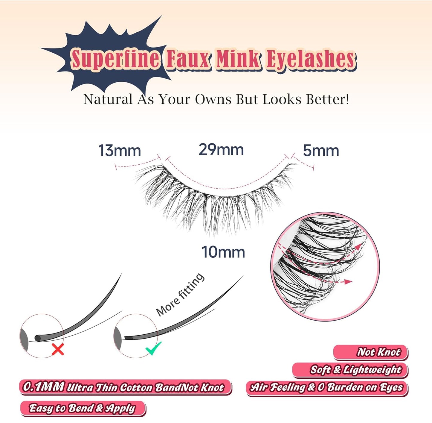 Lashes Natural Look False Eyelashes Wispy 13mm Eye Lashes Pack with Thin Cotton Band C Curl Fake Eyelashes 3D Volume For Daily Siligli Lash 7 Pair