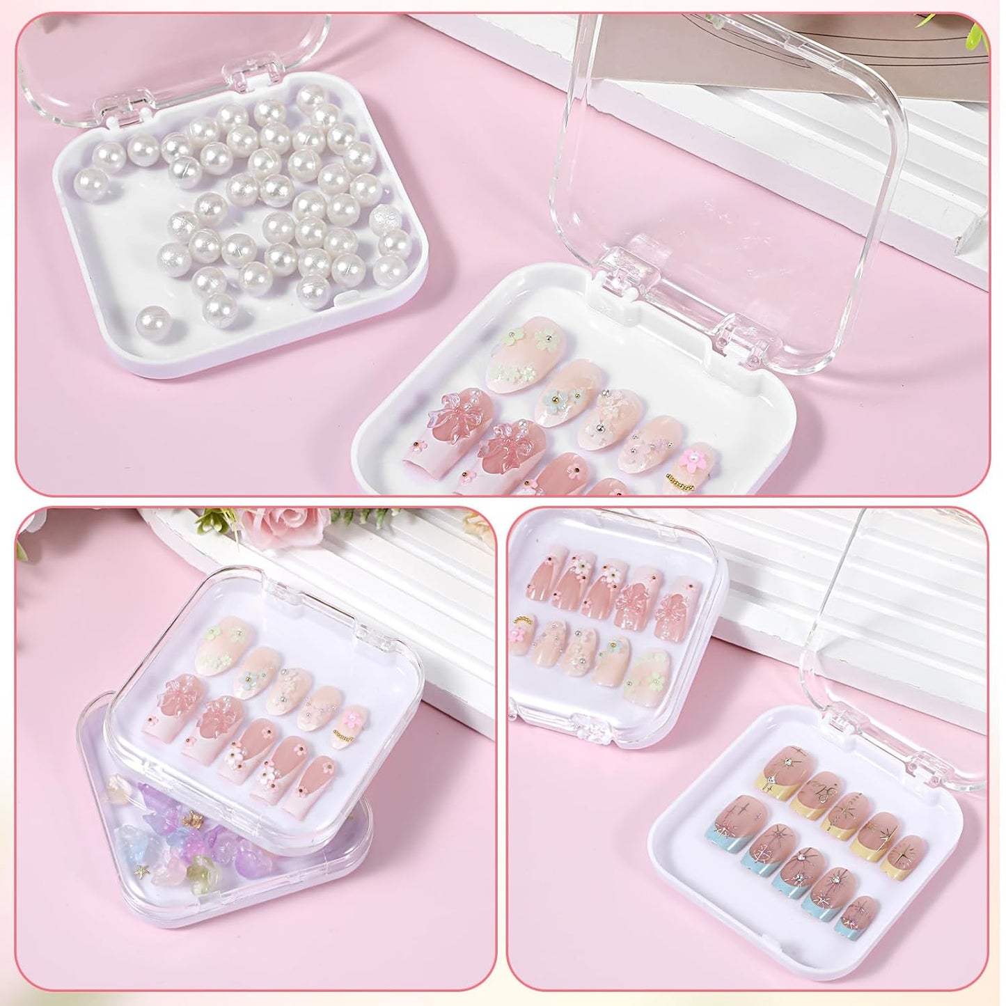 4 PCS 2.95" Nail Art Display Box, Press On Nail Storage Box Acrylic Nails Display Boxes Clear Empty Plastic Nails Tips Storage Boxes with 30 Pcs Adhesive Double Sided Tape for Art Salon (White)