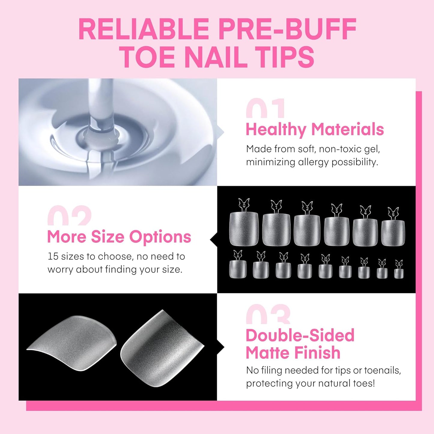 UNA GELLA Square Toe Nail Tips For Big Toe, 504Pcs 15Sizes Soft Gel Full Cover Toe Nail Tip Pre-buff Fake Acrylic Toe Nail Press Ons Soak Off Pedicure For Nail Extensions Home DIY Nail Salon