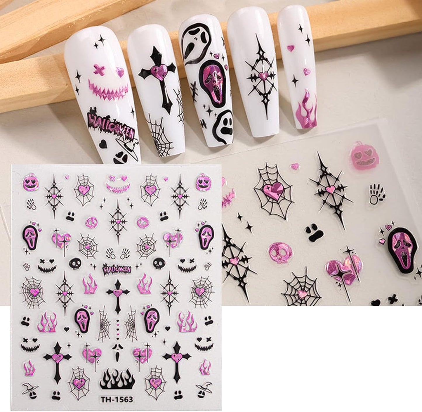 Halloween Nail Stickers Cute Ghost Nail Art Stickers Spider Web Pumpkin Spider Skeleton Bat Flower Design Halloween Nail Decals for Nail Art Holiday Acrylic DIY Nail Decoration 6Pcs