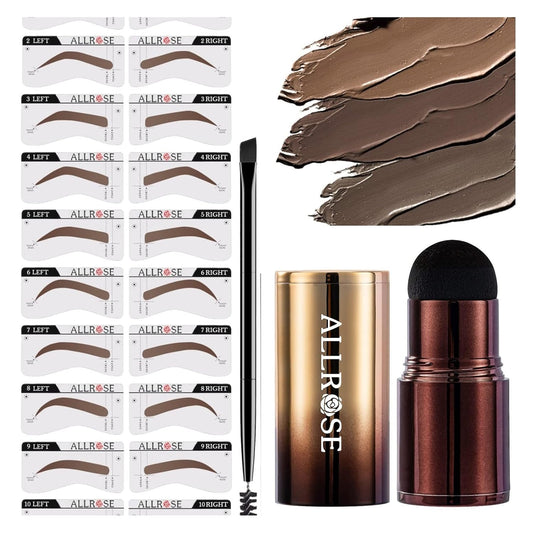 ALLROSE Eyebrow Stamp Stencil Kit - Eyebrow Stencils Perfect Eyebrow Waterproof Eyebrow Stamp, Eye Brow Stencil Kits Brow Stamp, Eyebrow Stencil Kit for Women With 20PCS Brow Shaping Kit, Ash Brown