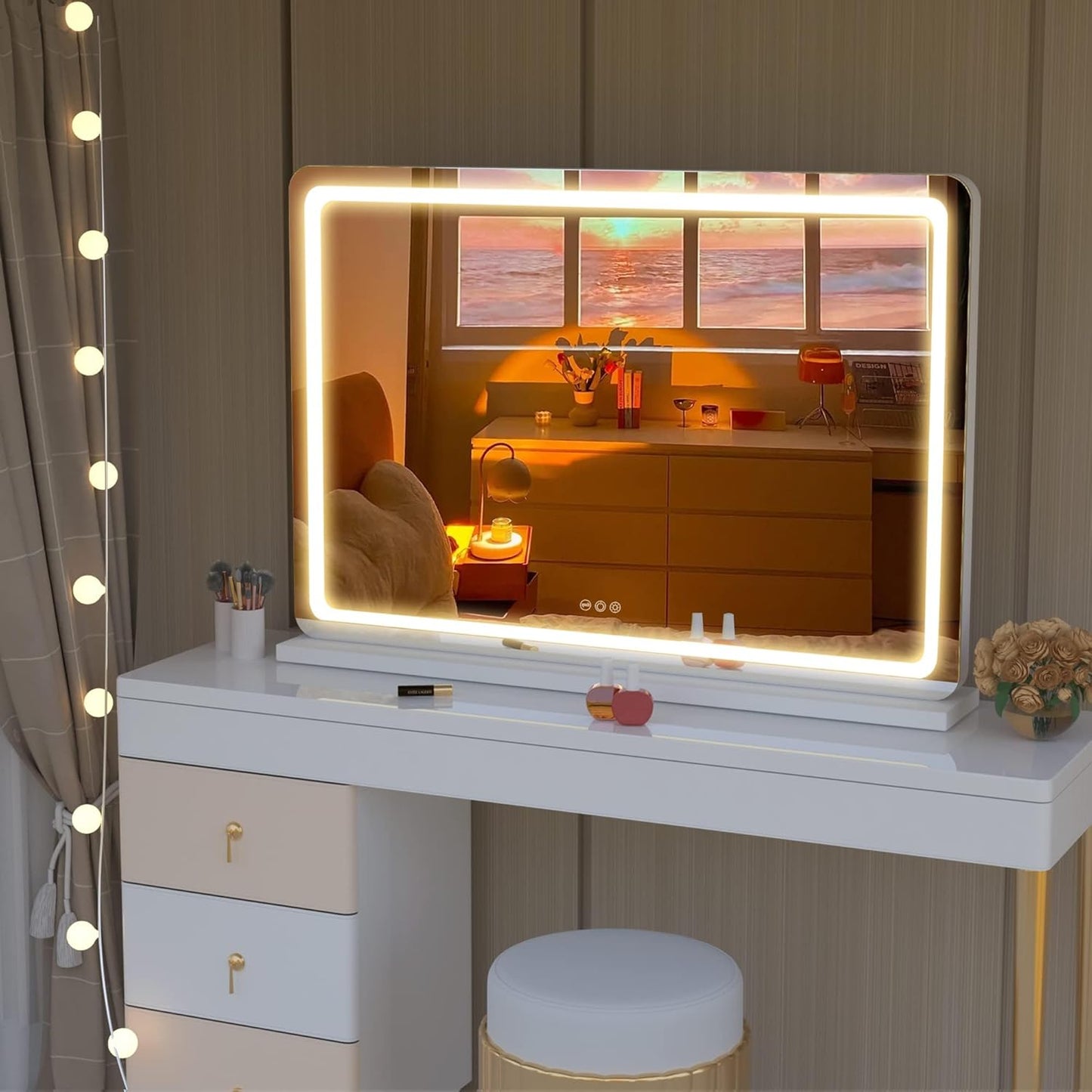 Hasipu Vanity Mirror with Lights, 27.6" x 20" LED Makeup Mirror, Lighted Makeup Mirror with Dimmable 3 Modes, Touch Screen Control Vanity Mirror Round White