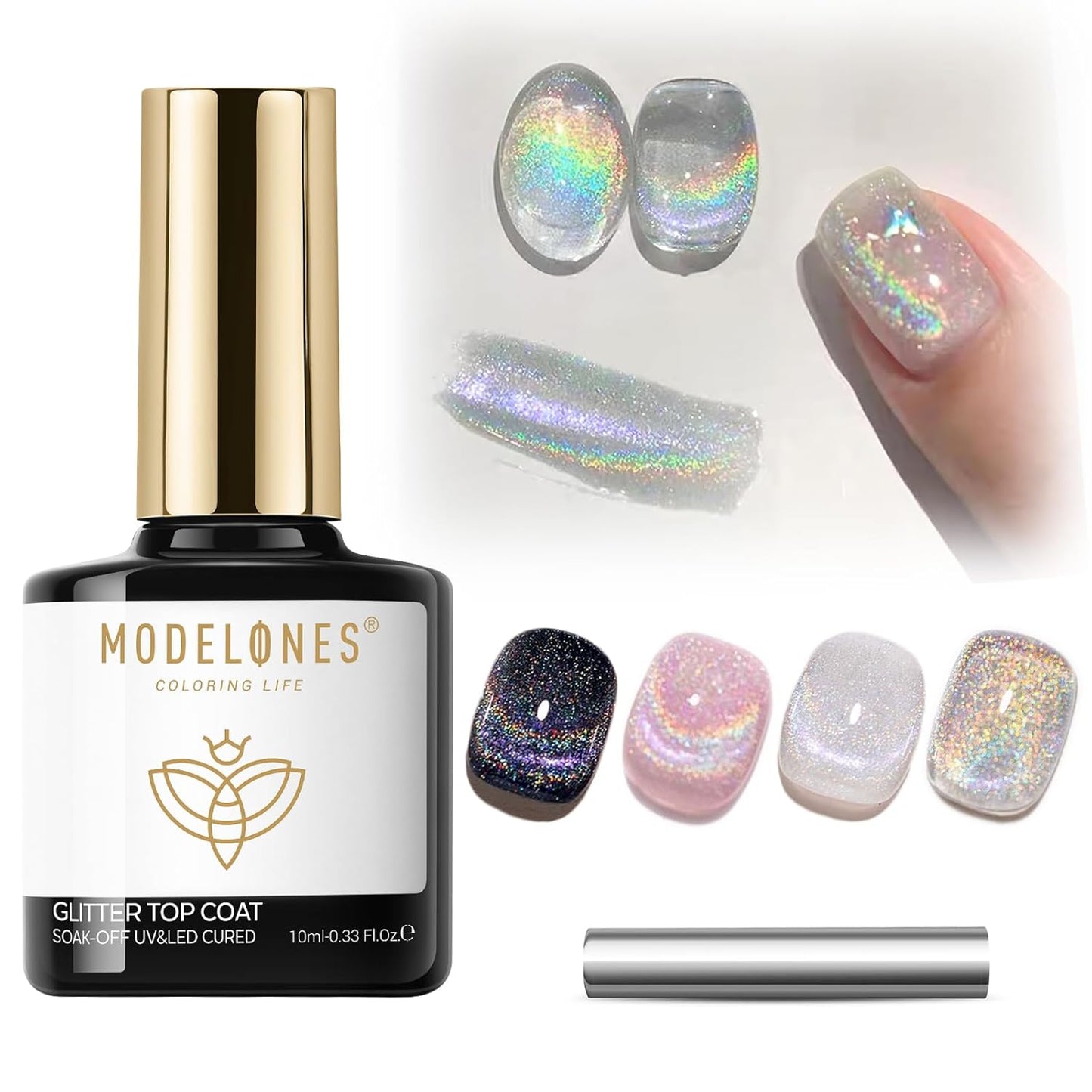 modelones Rainbow Cat Eye Gel Nail Polish Top Coat, 2-in-one 9D Glitter Clear Gel Polish with Magnet Stick Holographic Glossy Finish Long Lasting Soak Off Manicure Home Salon Nail Art 10 ML