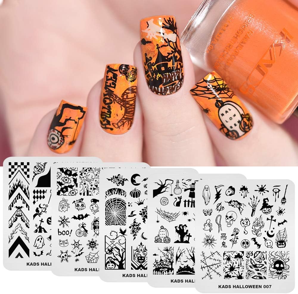 KADS 5pcs Nail Stamp Plates Set Halloween Nails Art Stamping Plate Thrill Pattern Bat Spider Skeleton Pumpkin Lantern Witch