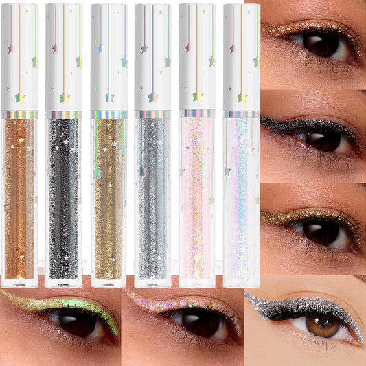 evpct 6Pcs Sparkle Glitter Liquid Eyeliner Eye Makeup Set, Metallic Liquid Eyeliner Waterproof Long-lasting, Liquid Glitter Eye liner in Multi Colors for Stunning Shimmery Eye Look, 01#