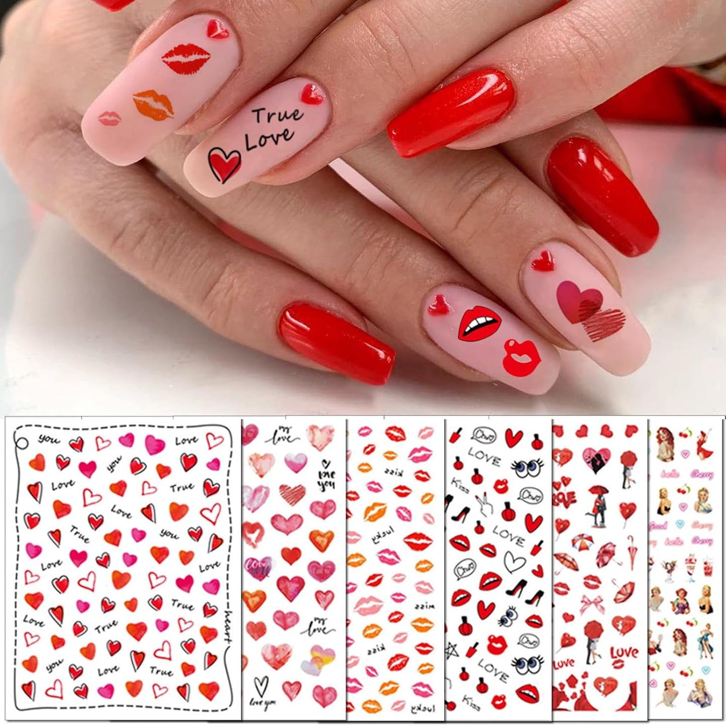 TailaiMei 12 Sheets Valentine's Day Nail Stickers, Self-Adhesive DIY Nail Art Decals, Design for kiss Love Hug (982 Pcs)