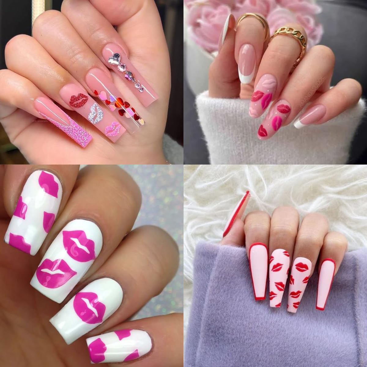 10 Sheets Valentine's Day Nail Art Stickers Sexy Lips Nail Decals 3D Holographic Heart Nail Stickers Self-Adhesive Design Black White Gold Silver Laser Valentines Stickers for Women Nail Decoration