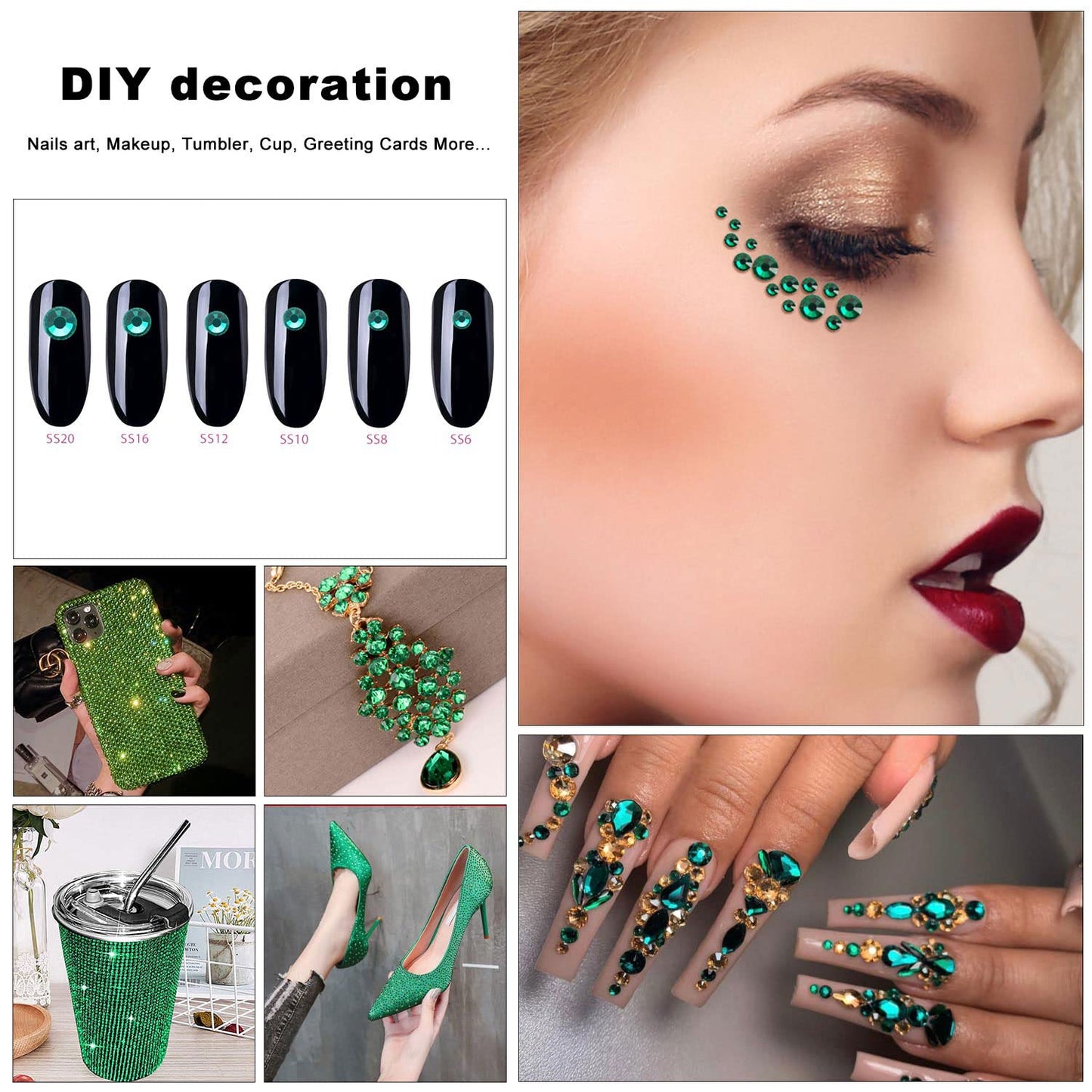 4240Pcs Flatback Green Rhinestones Glass Crystal Diamonds for Nail Art Face Makeup Sparkly Round with Tweezers and Picking Pen (SS6~SS20 Set)