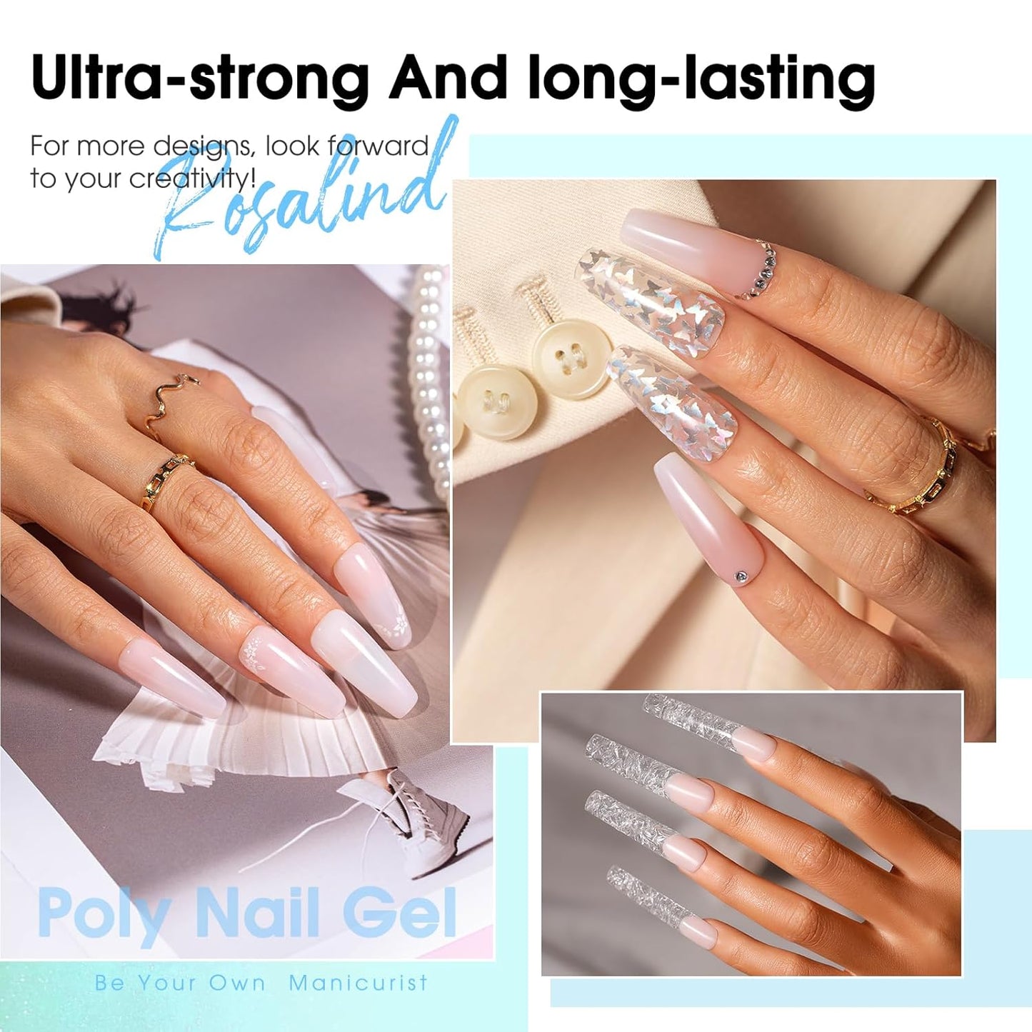 ROSALIND Pink Poly Nail Gel Kit -12 Colors + Nail Art Accessories Kit Poly Nails Gel Starter Kit with Slip Solution All Seasons Classic Colors Nails Extensions Set with Mini UV Lamp