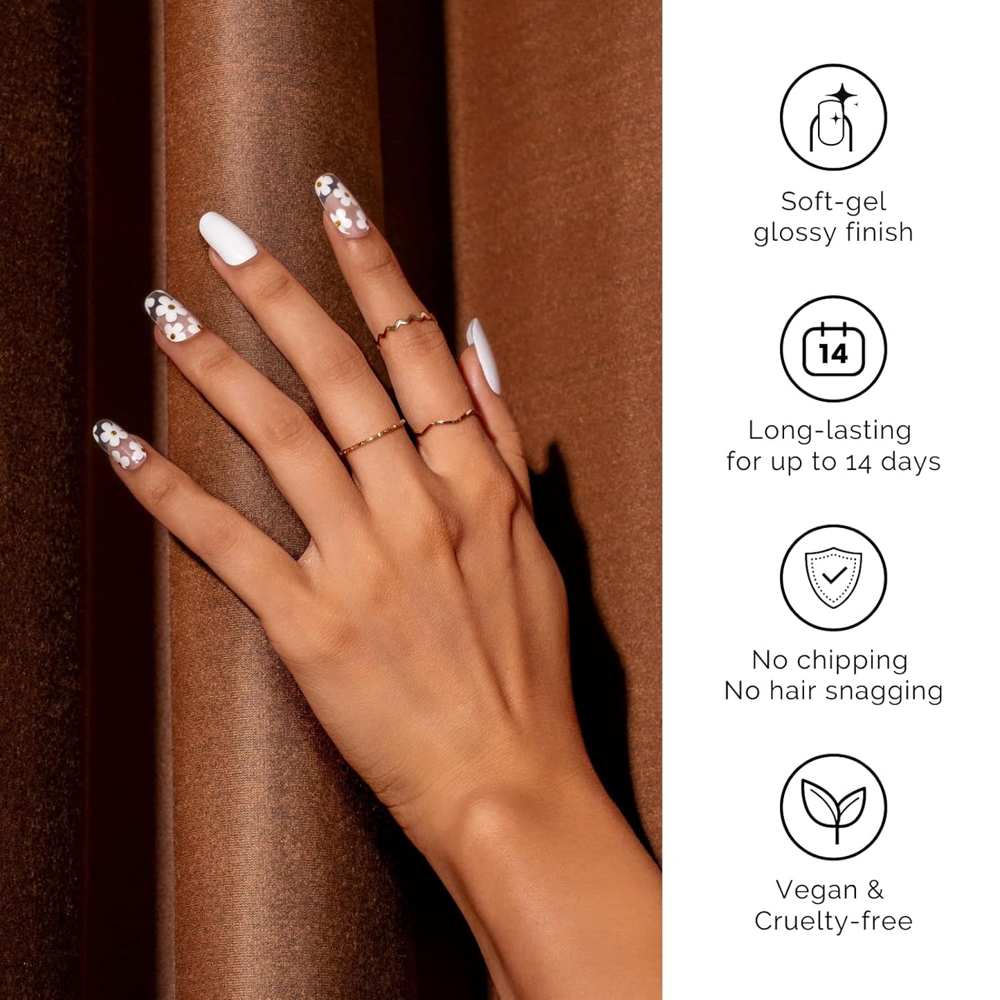 Nailog Semi Cured Gel Nail Strips 34 pcs | Long Lasting Nail Polish Sticker Wraps with Glossy Gel Finish | White Petals