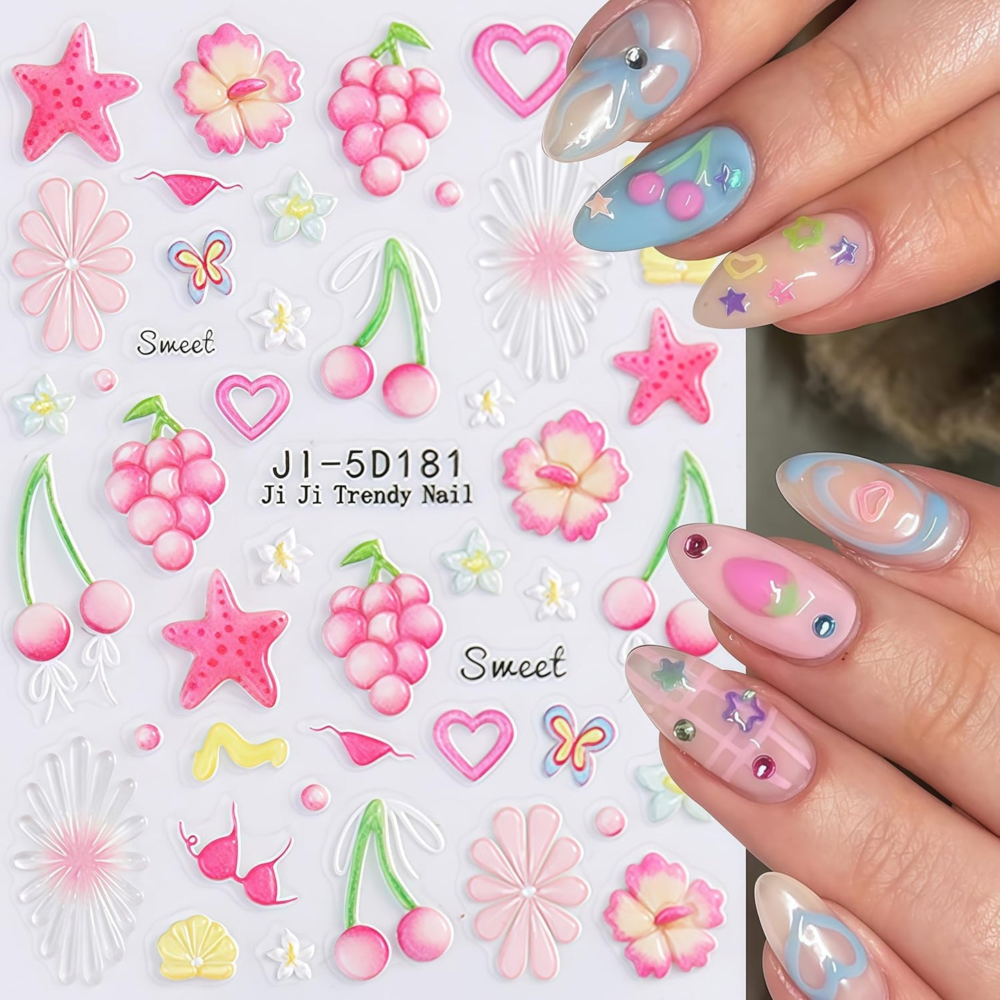 Summer Nail Stickers for Nail Art 5D Embossed Flower Butterfly Bow Heart Cherry Starfish Ocean Theme Style Design Stickers Beach Nail Decals Salon Manicure DIY Decoration Kit for Women Nails