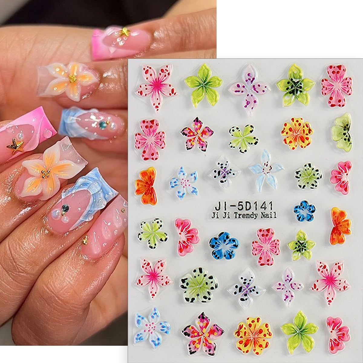 Flower Nail Stickers 5D Hibiscus Flower Stickers for Nails Lily Floral Nail Decals Self Adhesive Nail Art Design Sticker para Uñas Summer Nail Art Sticker for Women DIY Acrylic Nails Decor 2 Sheets