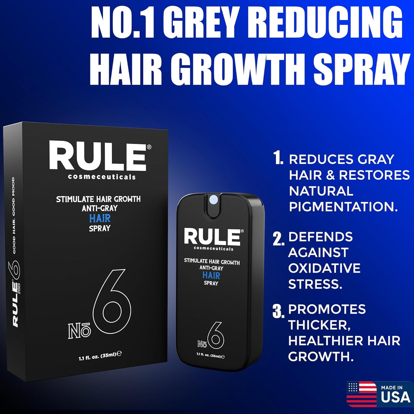 RULE No.6 Hair Growth Spray & Anti Grey Hair Treatment, Minoxidil Alternative Hair Regrowth Treatment for Men, Natural Hair Color Restorer, Topical Hair Growth Serum, Stop Hair Loss & Thinning