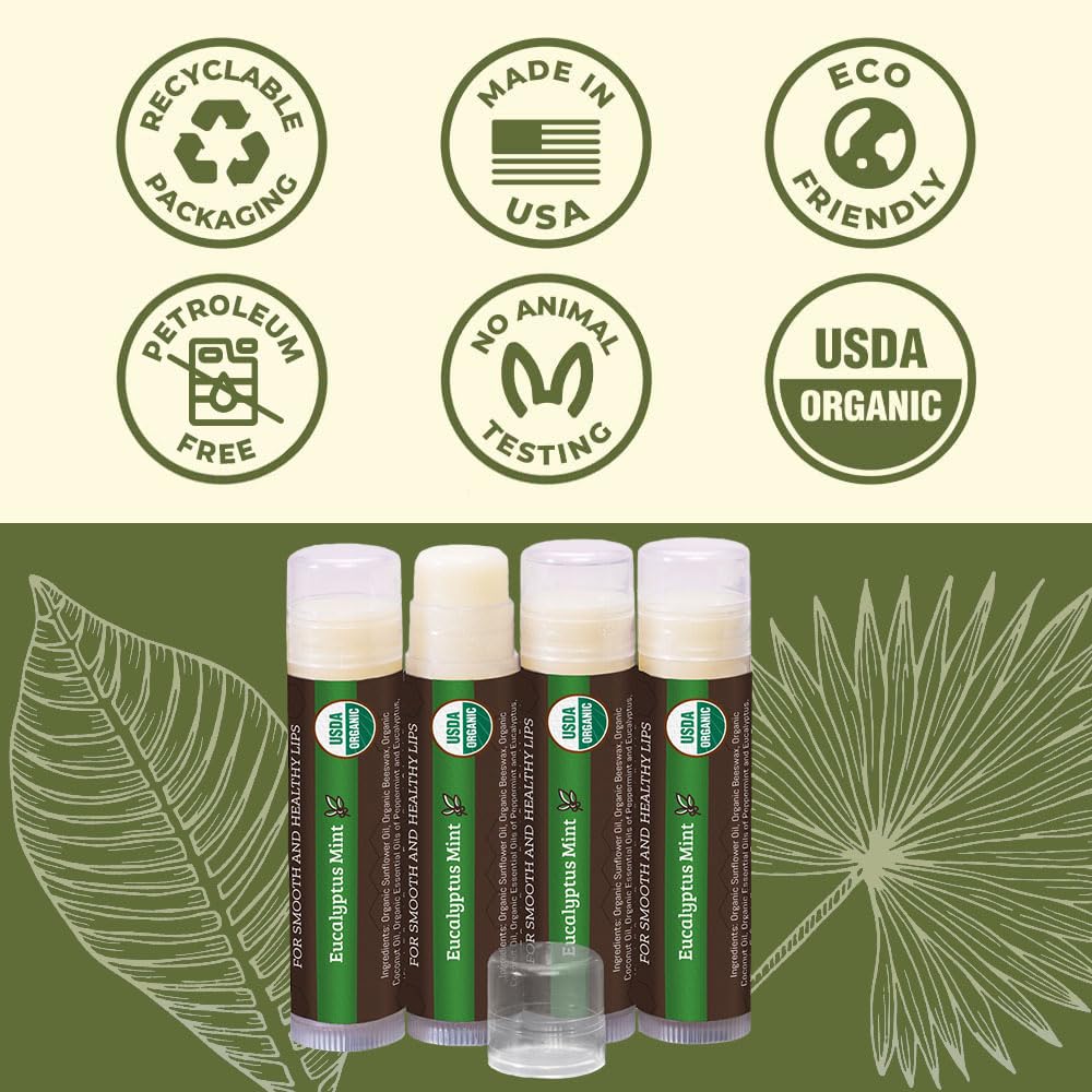 Earth's Daughter USDA Organic Lip Balm 4-Pack Eucalyptus Mint Flavor - Beeswax, Coconut Oil, Vitamin E - Best Lip Repair Chapstick for Dry Cracked Lips.