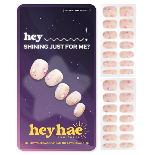 Semi Cured Gel Nail Strips | No LED Lamp Needed | Summer, Aura, Pink | Easy Apply & Remove, Salon Quality |Includes 28 Strips, 1 Prep Pads,Nail File&Wooden stick-Hey, Shining Just for Me?