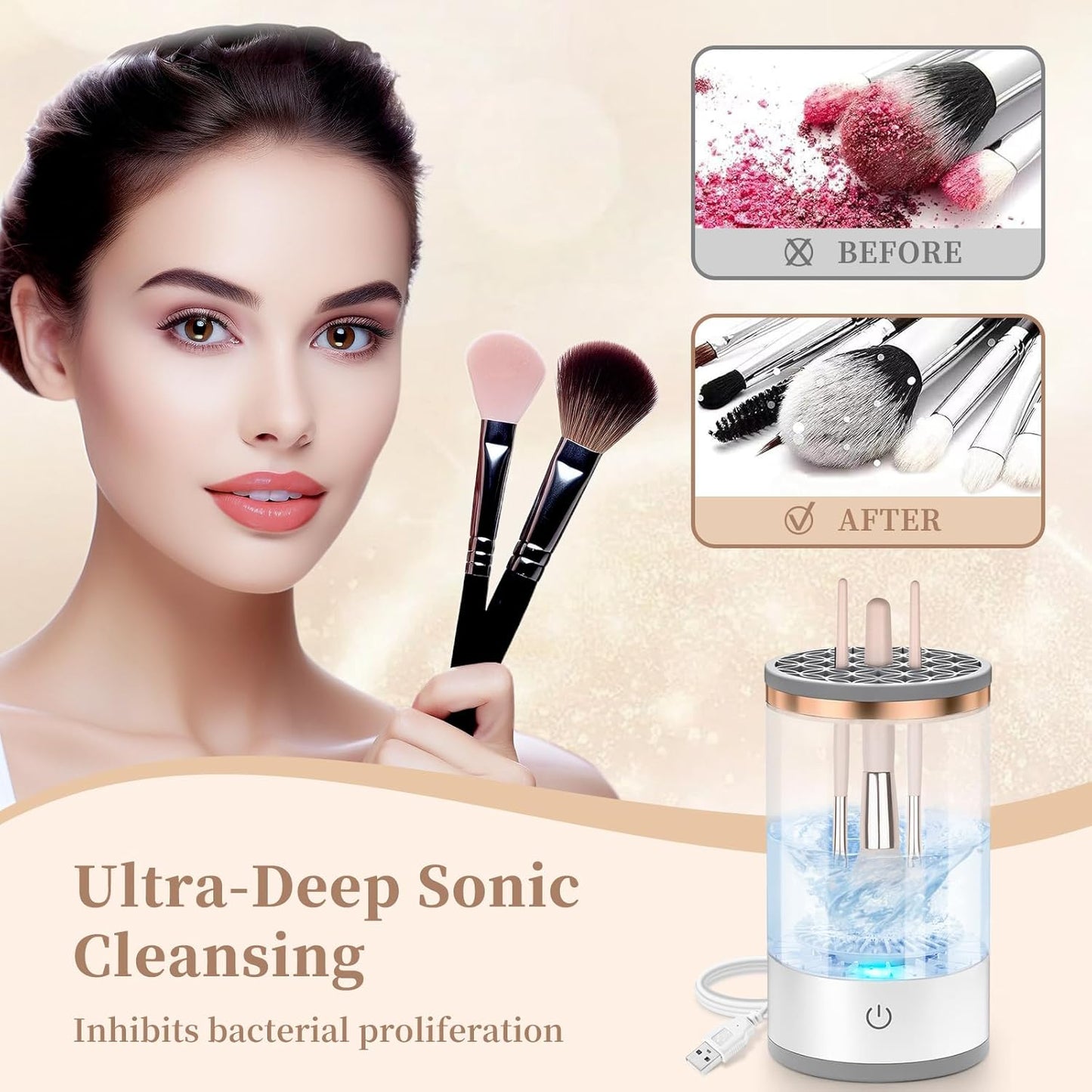 Electric Makeup Brush Cleaner, Quick Efficient Machine for Deep Cleaning All Types of Brushes, Portable Compact Design for Travel Home Use, for Makeup Lovers & Professionals - Transparent