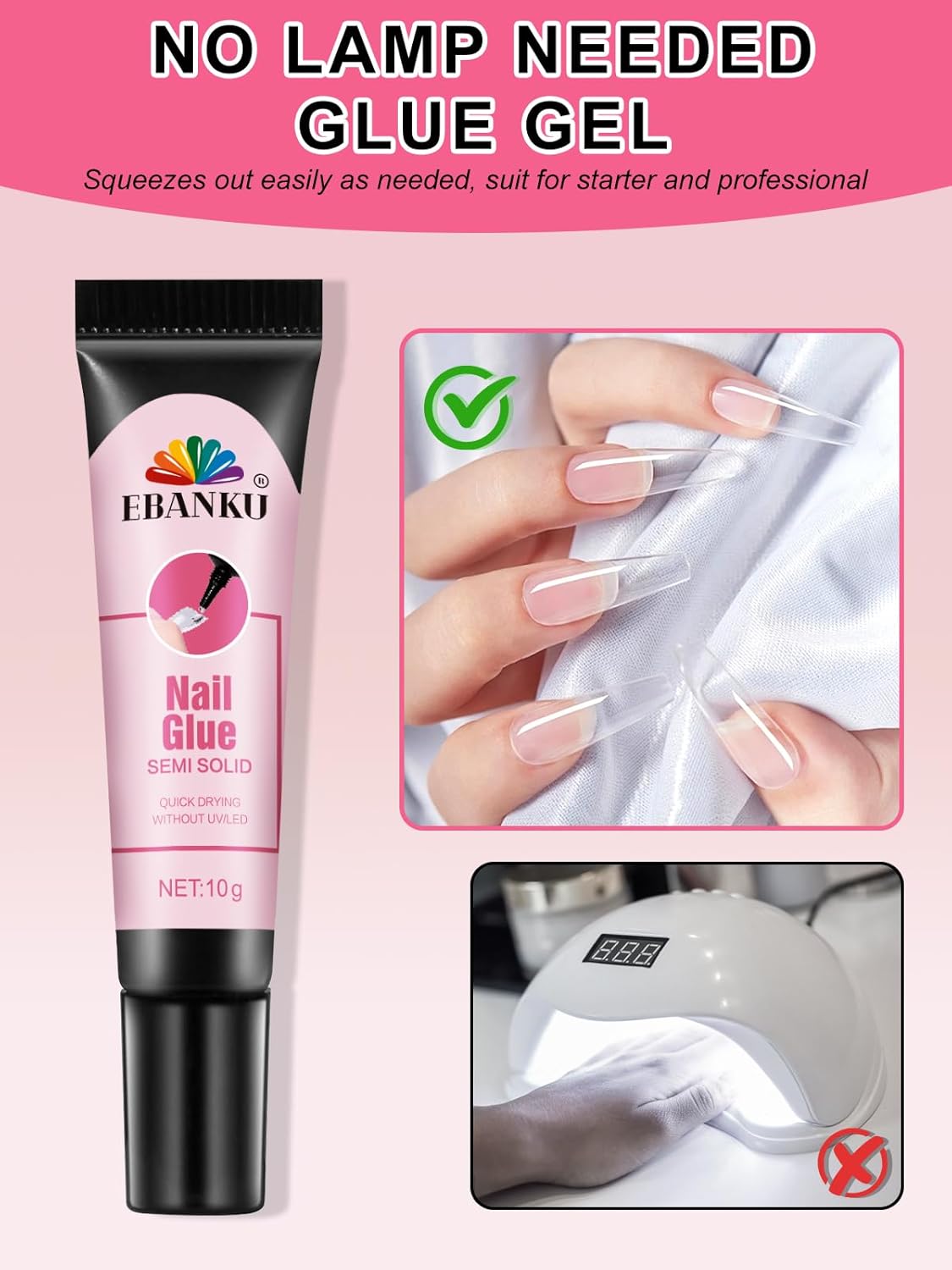 Semi Solid Nail Glue Gel with Nail Glue Remover, EBANKU Quick Drying Solid Super Glue for Press On Nails, No UV Light Needed, 10ml Gel Nail Remover for Fake Acrylic Nails