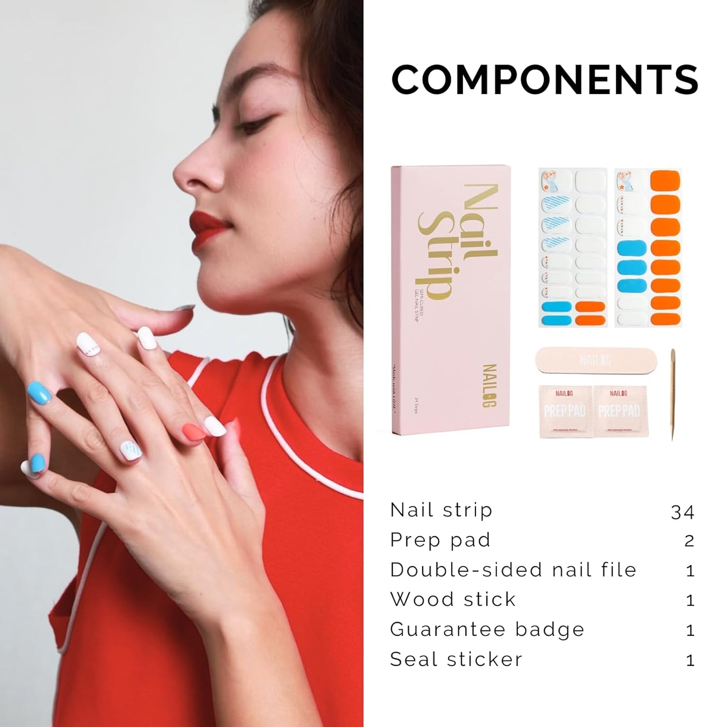 NAILOG Semi Cured Gel Nail Strips - 34 pcs | Buy 2 Get 1 UV Lamp | Long Lasting Nail Polish Sticker Wraps with Glossy Gel Finish, Send Me A Letter