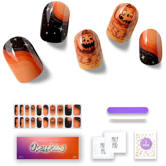 Semi Cured Gel Nail Strips, 20 pcs Nail Wraps, Glaze Stickers, Salon Quality French Manicure, Full Decal Gel Polish Strips, Long Lasting SCG, Easy on, UV Required (Wicked Pumpkin)
