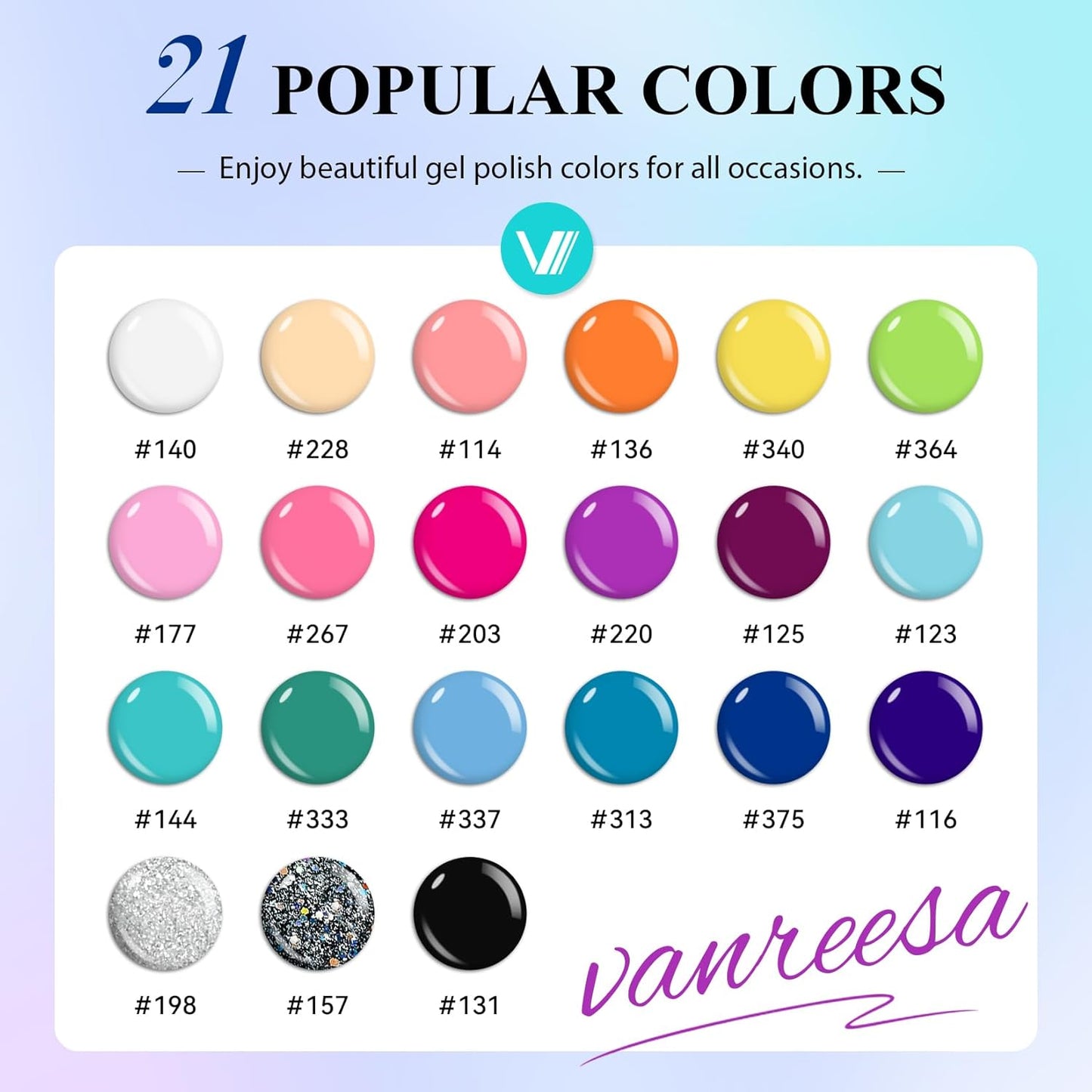 VANREESA 24 Pcs Gel Nail Polish Set, 21 Colors Gel Polish with Base Coat Glossy & Matte Top Coat Pink Orange Yellow Green Purple Blue Glitter Gel Polish Kit Nail Kit Gifts for Women Girls