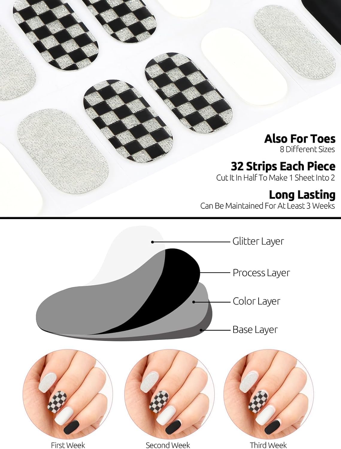 32PCS Semi-Cured Gel Nail Strips EBANKU Nail Polish Stickers Long-Lasting Semi-Cured Gel Nail Wraps Full Nail Polish Wraps Shiny Nail Decors Gel Nail Art Stickers UV/LED Lamp Required (Black Plaid)