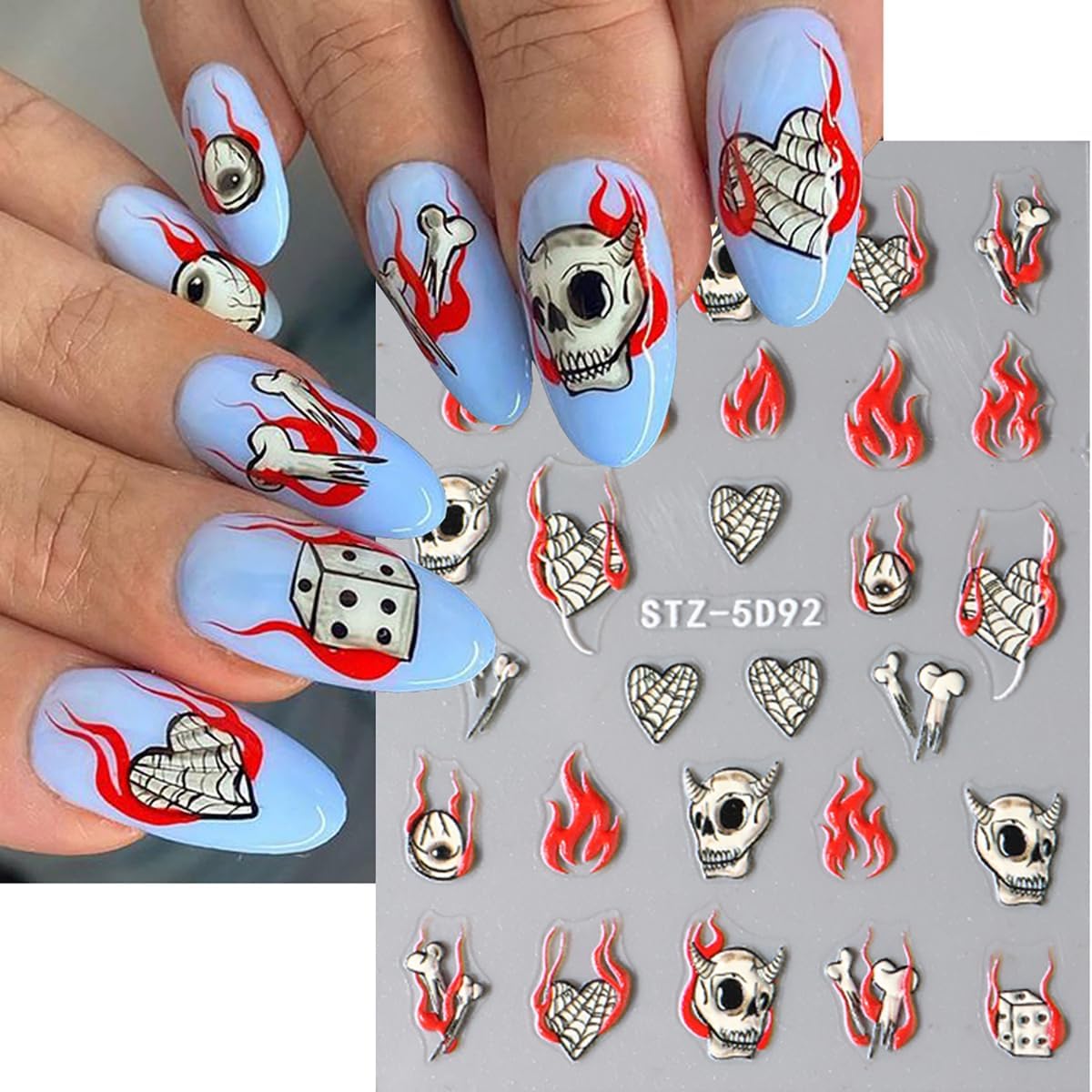 8 Sheets Halloween Nail Stickers for Nail Art 5D Self-Adhesive Gothic Bat Skeleton Spider Nail Decals Black White Claw Nail Design Stickers Halloween Nail Art Supplies for Women DIY Manicure Tip