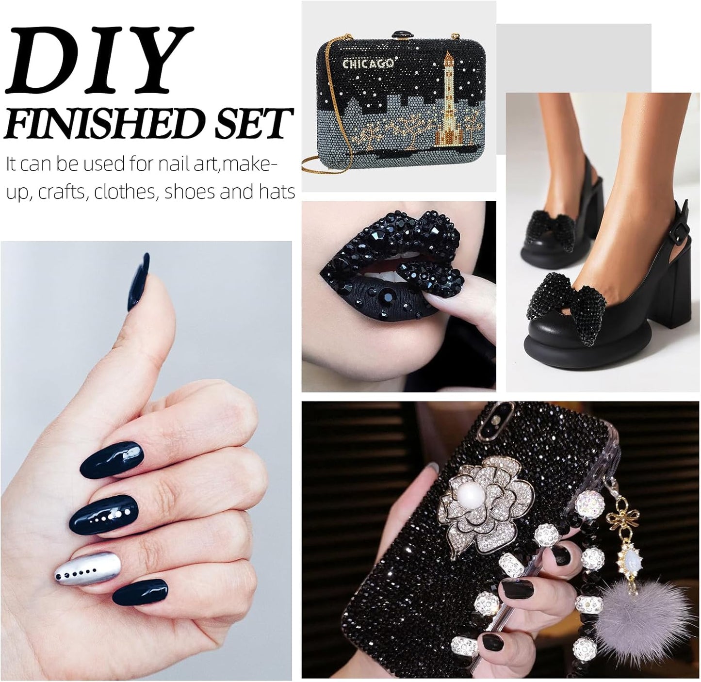 Black Flatback Rhinestones, Glass Rhinestones for Nail Art and Craft, Glue Fix, Loose Crystal Gemstones(Black, SS4, 1440pcs, 1.5-1.7mm)