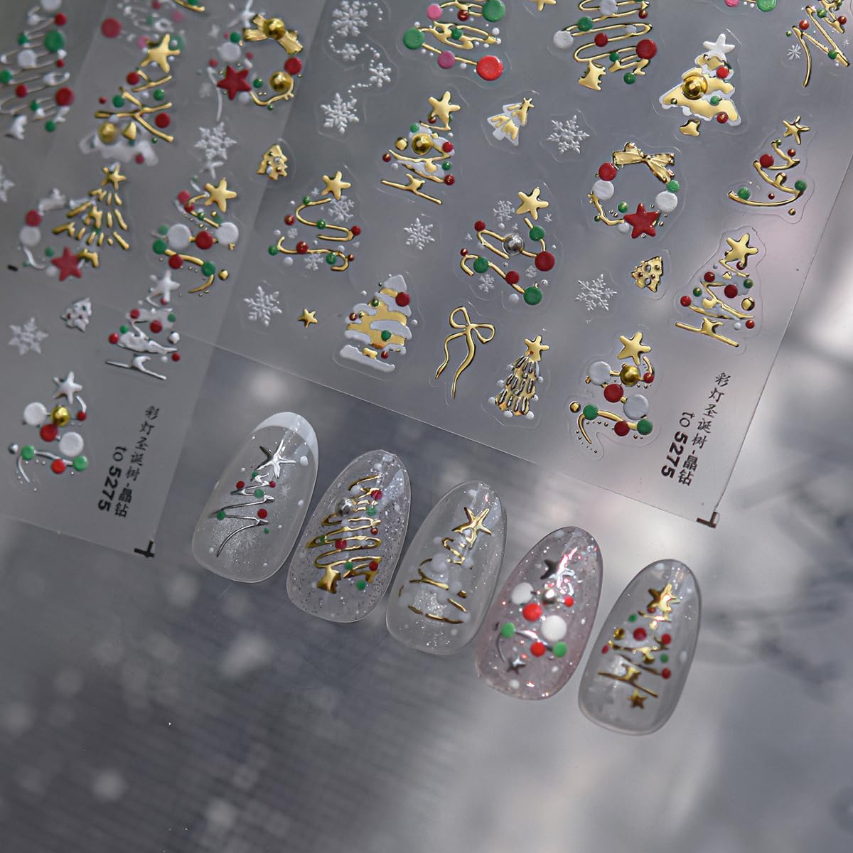 Christmas Nail Art Stickers 5D Embossed Christmas Tree with Colored Lights Designs Nail Stickers Wreath Bowknot Snowflake Nail Decals for Women Girls Winter Holiday Manicure DIY Nail Supplies 1 Sheet