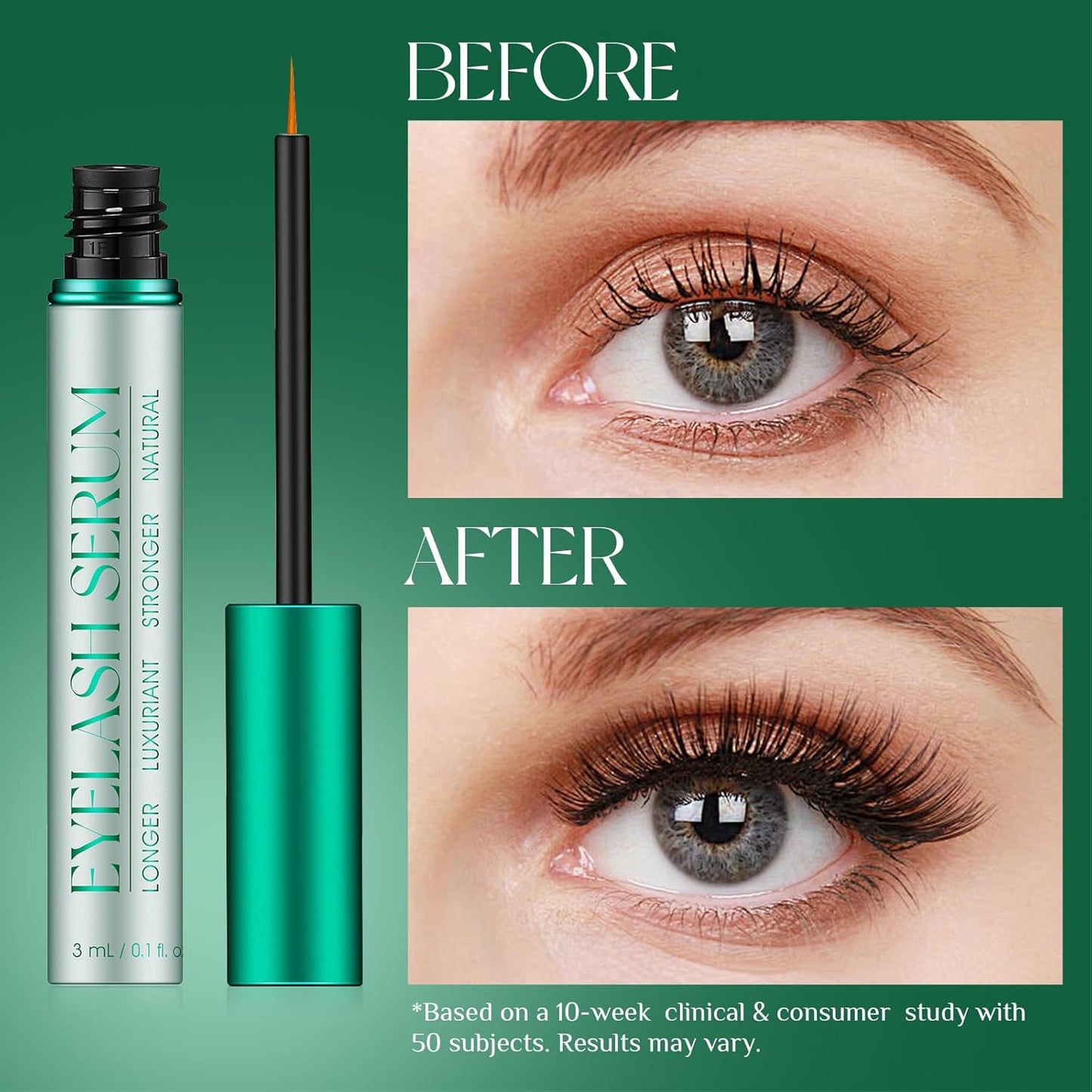 Eyelash Growth Serum: Promotes natural lash growth for longer, thicker, and stronger lashes while nourishing lash health. Vegan, cruelty-free & gentle on sensitive eyes. 3mL (2-month supply)