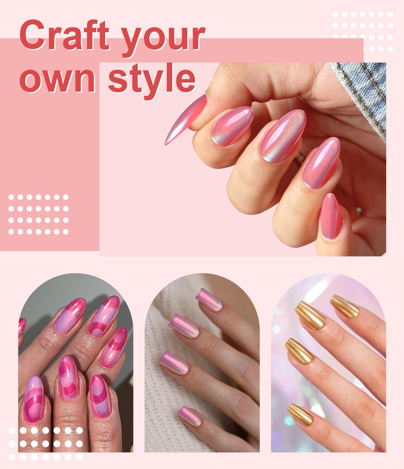 Chrome Nail Powder BISHENGYF -【Fairy Effect】Gold Chrome Nail Powder Aurora Mermaid White Pearl Pink Chrome Powder For Nails, Metallic Mirror Pigment Glitter Dust For Manicure Decoration DIY