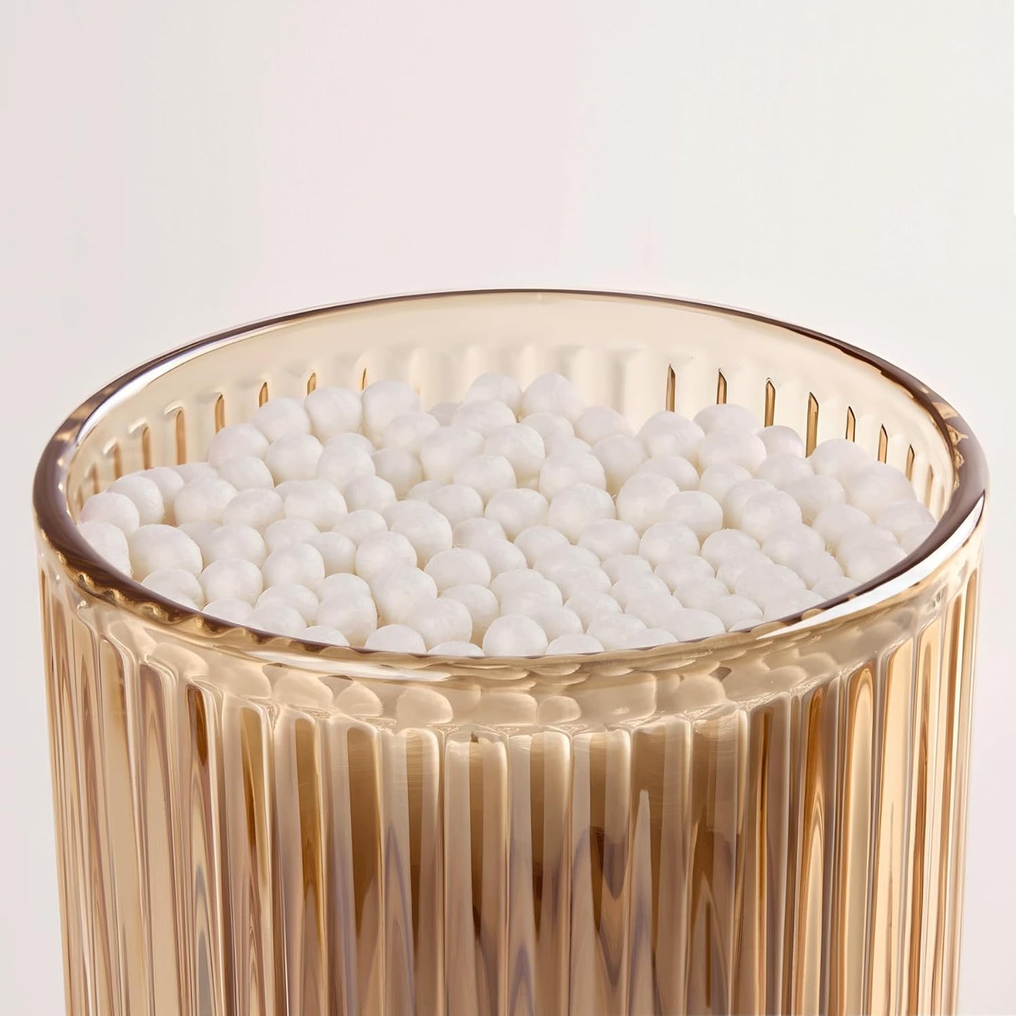 2 Pack Glass Qtip Holder Dispenser Set - Bathroom Organizer for Cotton Swabs, Balls, Pads, Floss Picks - Clear Apothecary Jars for Vanity, Makeup Storage, Bathroom Accessories Decor (Amber)